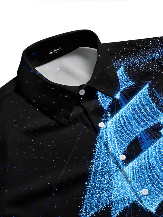 Adaychic Men's Graphic Sailing Ship Print Short Sleeve Shirt with Chest Pocket