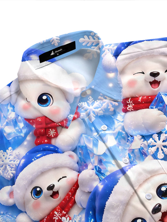 Adaychic Men's Graphic Christmas Polar Bear Print Short Sleeve Shirt with Chest Pocket