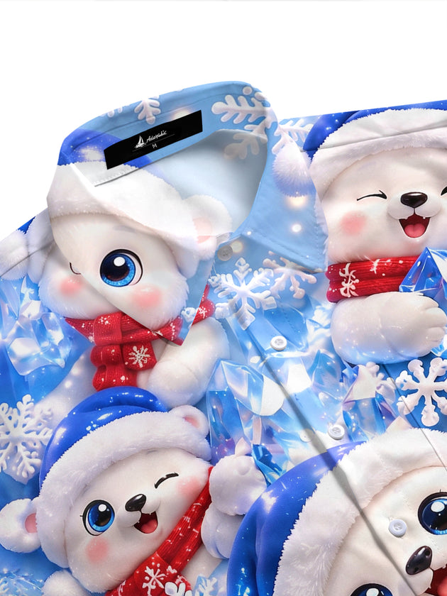 Adaychic Men's Graphic Christmas Polar Bear Print Short Sleeve Shirt with Chest Pocket