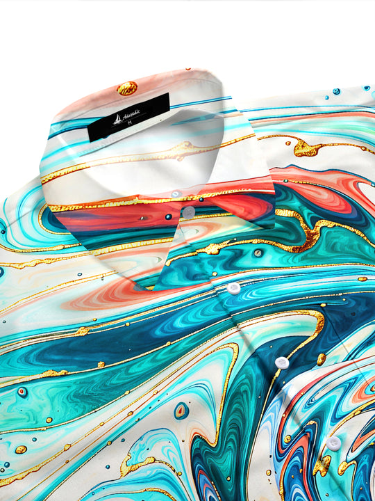 Adaychic Men's Printed Fluid Swirl Print Gold Trim Print Short Sleeve Shirt with Chest Pocket
