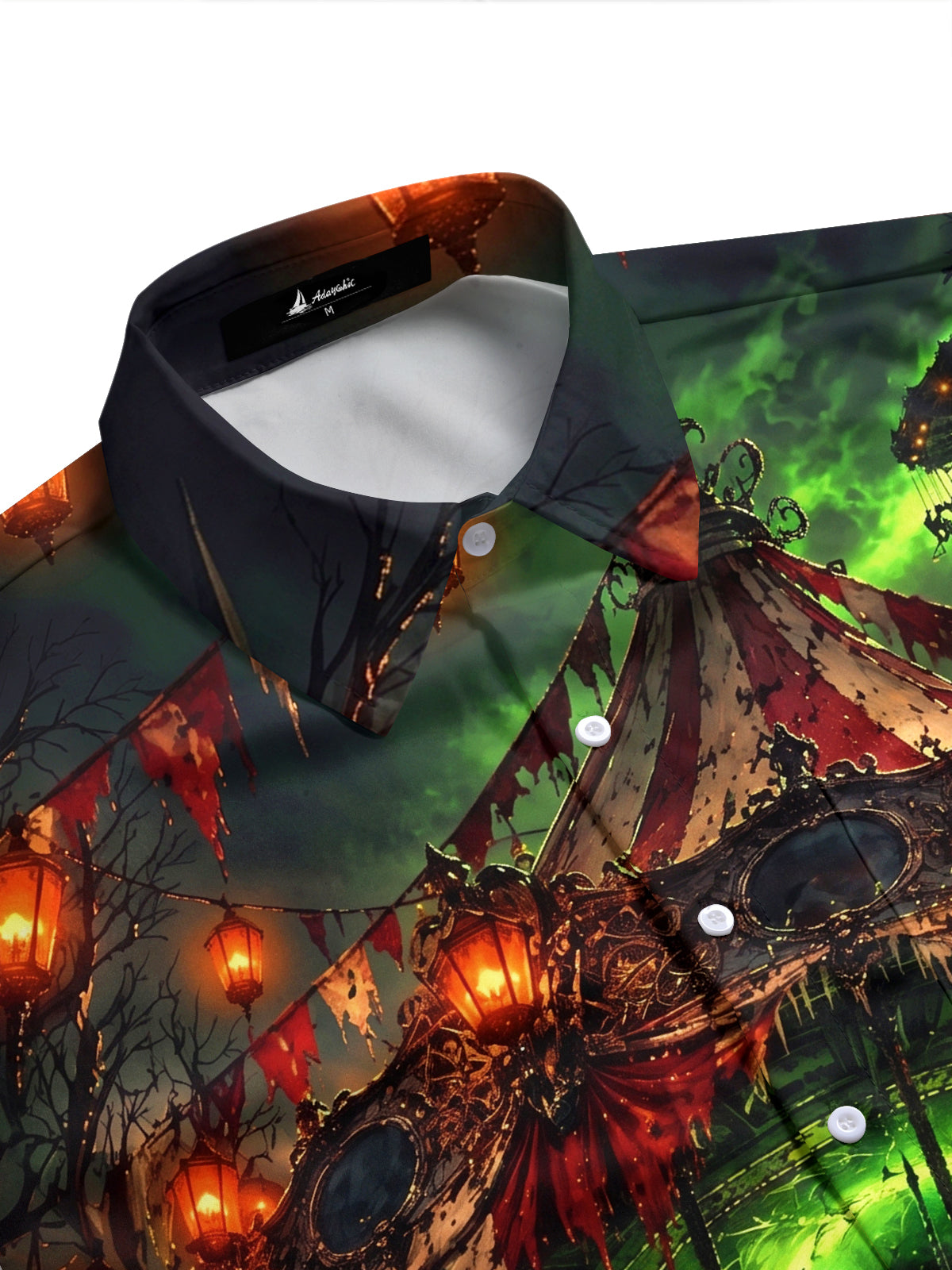 Adaychic Men's Short Sleeve Shirt - Dark Carousel Horses And Glowing Lanterns Print with Chest Pocket