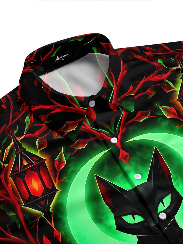 Adaychic Men's Short Sleeve Shirt - Halloween Black Cat With Green Moon And Red Lanterns Print with Chest Pocket