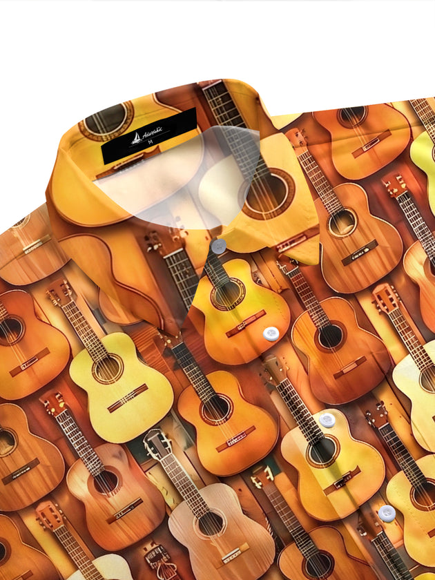Adaychic Men's Hawaiian Acoustic Guitar Pattern Short Sleeve Shirt with Chest Pocket