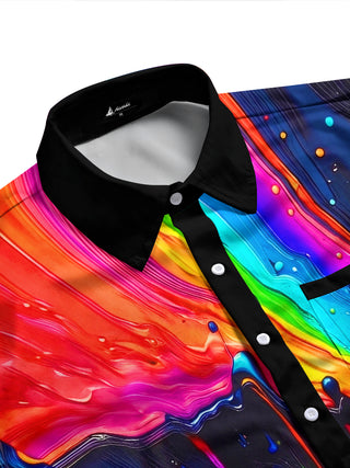 Adaychic Men's Graphic Abstract Rainbow Dripping Paint Print Long Sleeve Button Down Shirt with Chest Pocket