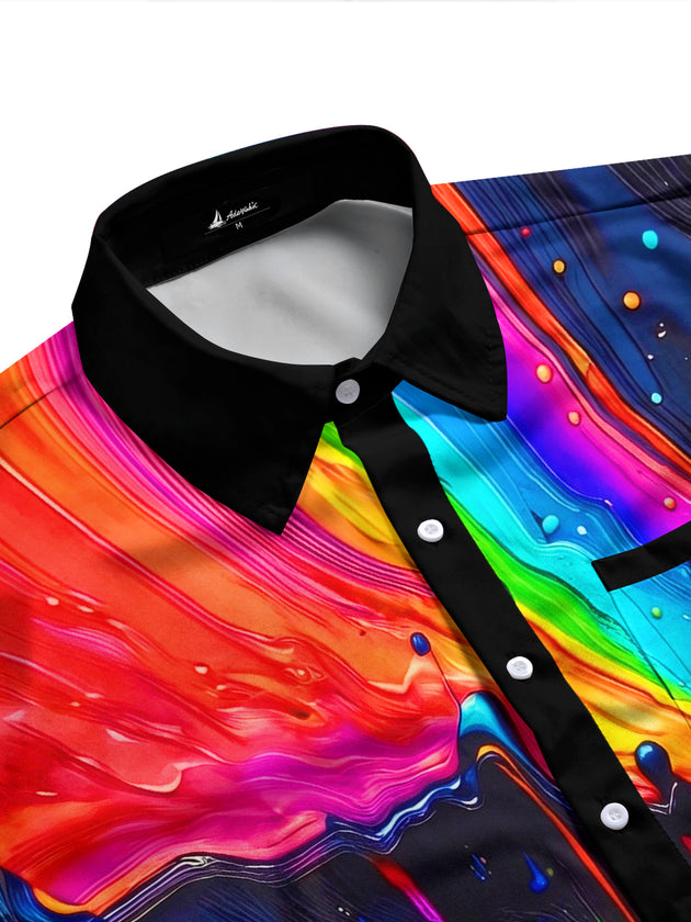 Adaychic Men's Graphic Abstract Rainbow Dripping Paint Print Long Sleeve Button Down Shirt with Chest Pocket