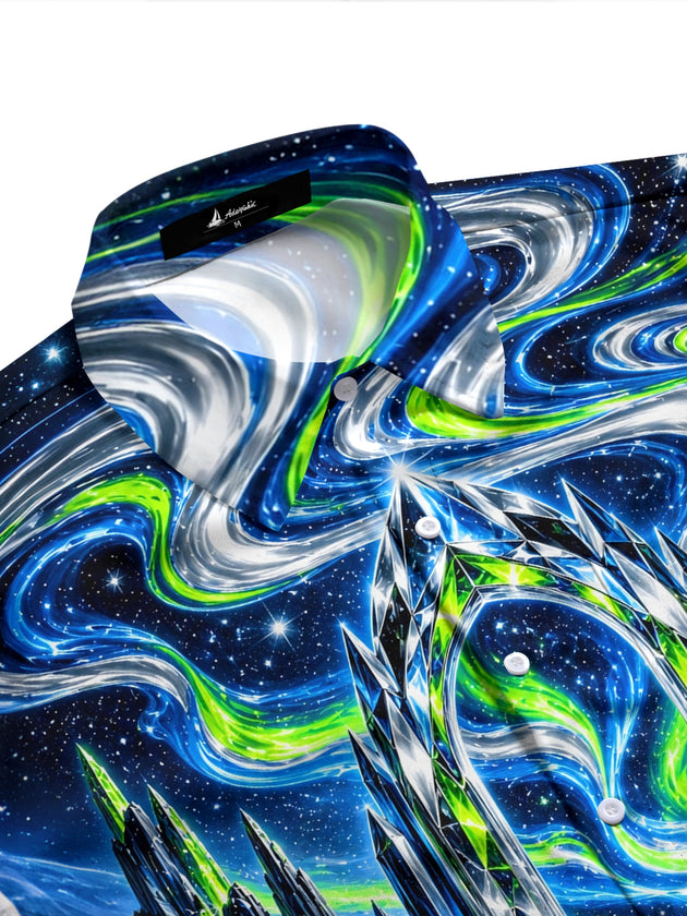 Adaychic Men's Long Sleeve Shirt - Crystal Archway And Aurora Borealis Landscape Print with Chest Pocket