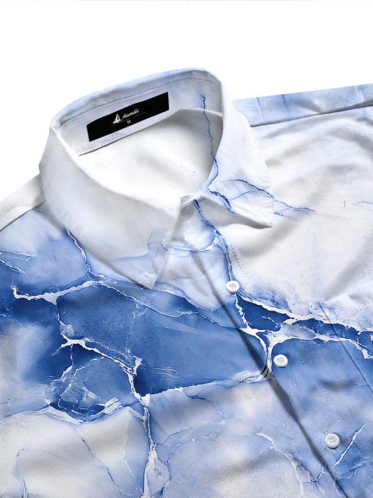 Adaychic Men's Printed Blue Marble Texture Print Long Sleeve Shirt with Chest Pocket