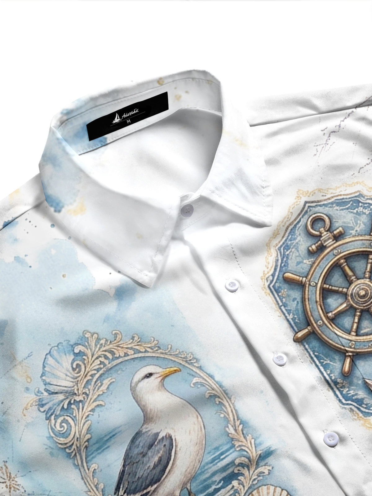 Adaychic Men's Vintage Nautical Marine Life Print Long Sleeve Shirt with Chest Pocket