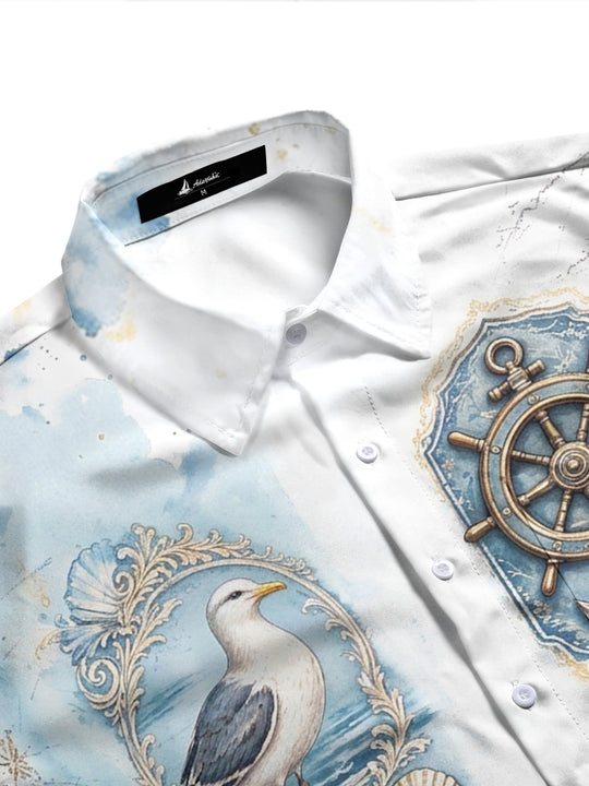 Adaychic Men's Vintage Nautical Marine Life Print Long Sleeve Shirt with Chest Pocket