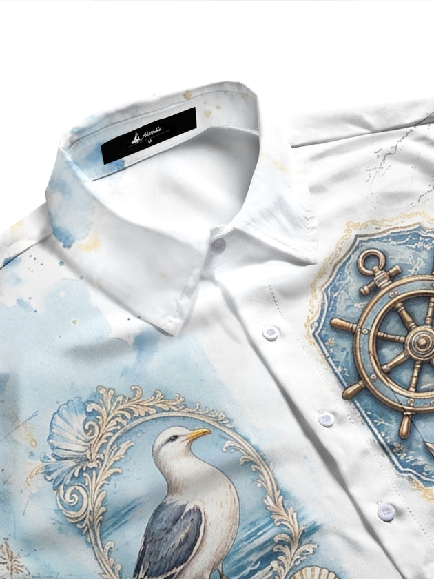 Adaychic Men's Vintage Nautical Marine Life Print Long Sleeve Shirt with Chest Pocket