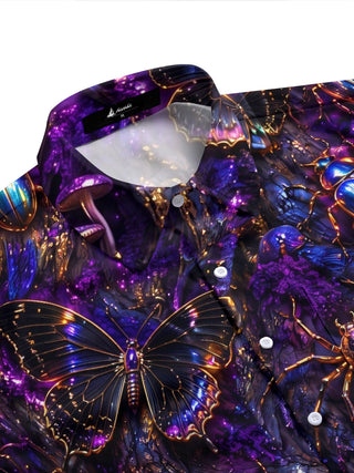 Adaychic Men's Short Sleeve Shirt - Iridescent Beetles Butterflies And Spiders Print with Chest Pocket