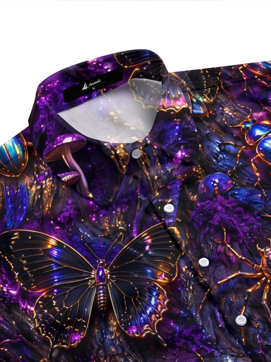 Adaychic Men's Short Sleeve Shirt - Iridescent Beetles Butterflies And Spiders Print with Chest Pocket