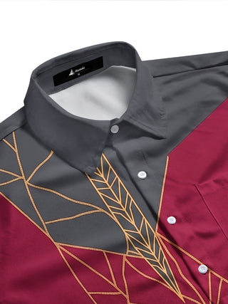 Adaychic Men's Vintage Style Gold Leaf Vein Geometry Print Long Sleeve Shirt with Chest Pocket
