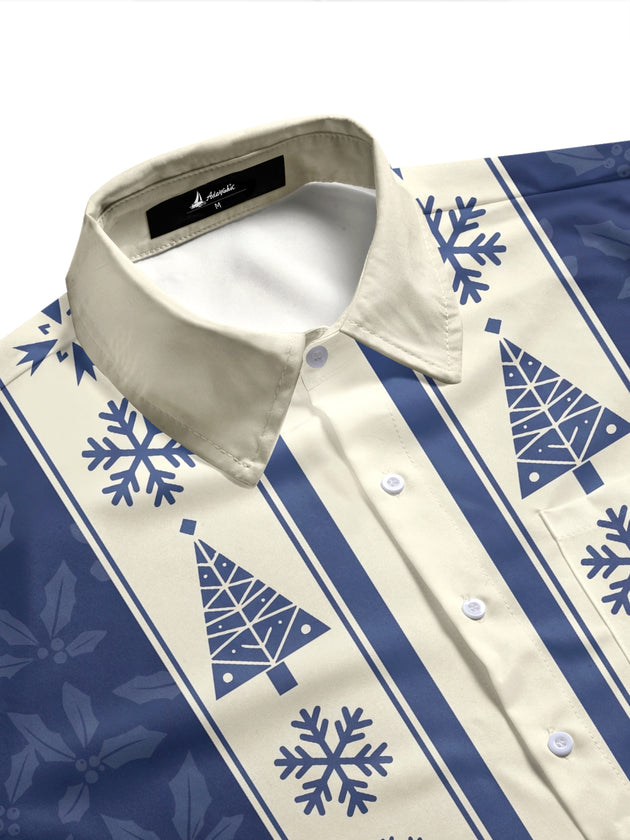 Adaychic Men's Short Sleeve Shirt - Christmas Trees Snowflakes Gift Boxes And Poinsettias Print with Chest Pocket