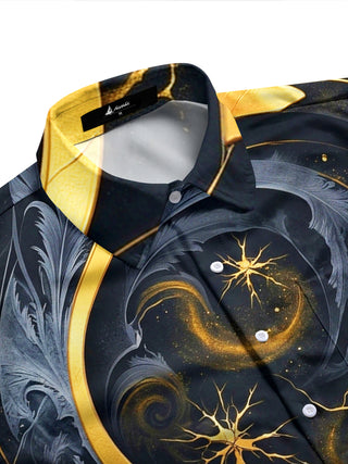 Adaychic Men's Long Sleeve Shirt - Abstract Gold And Black Spiral Art With Nerve-like Patterns Print with Chest Pocket
