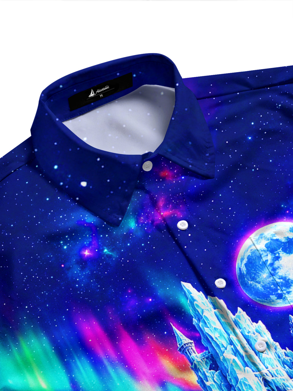Adaychic Men's Graphic Ice Castle And Full Moon Print Long Sleeve Shirt with Chest Pocket