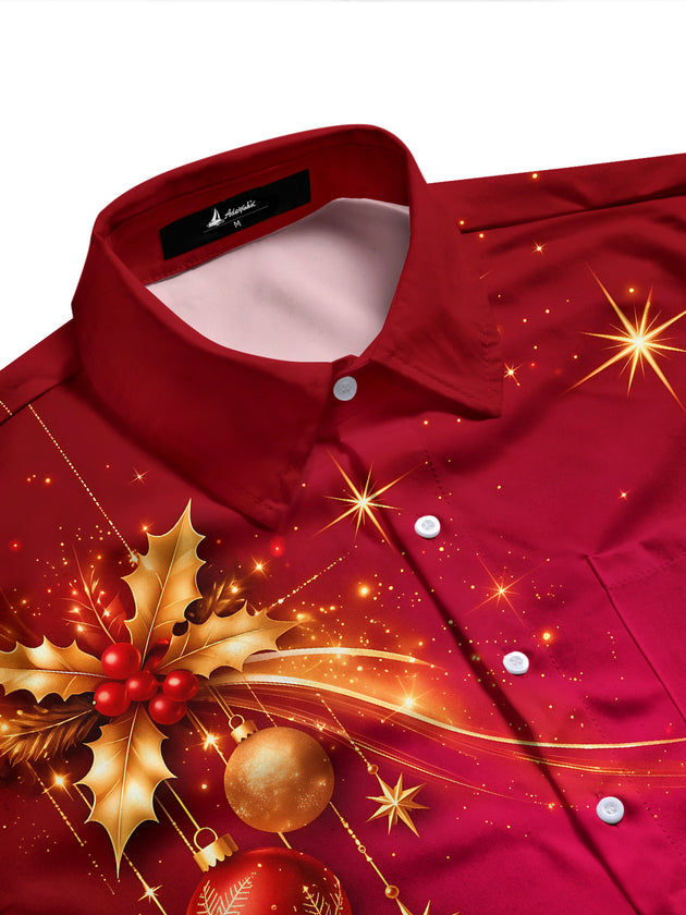 Adaychic Men's Printed Christmas Tree And Ornaments Print Long Sleeve Shirt with Chest Pocket