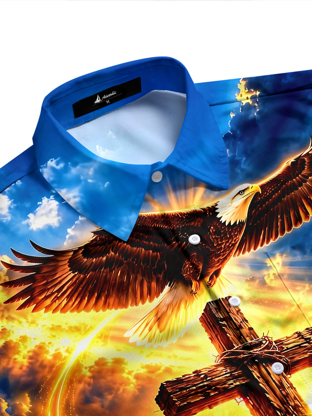 Adaychic Men's Printed Eagle Dove And Cross Print Long Sleeve Shirt with Chest Pocket