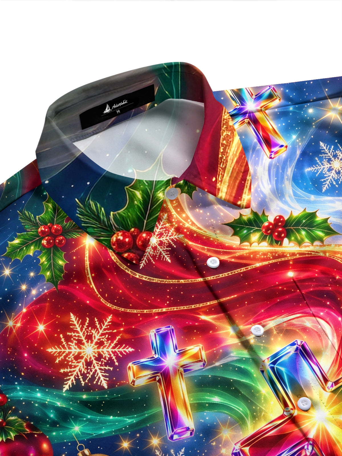 Adaychic Men's Long Sleeve Shirt - Colorful Crystal Crosses And Christmas Ornaments Print with Chest Pocket