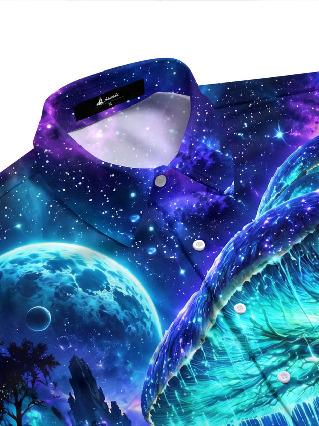 Adaychic Men's Hawaiian Mushroom Fantasy Forest Print Short Sleeve Shirt with Chest Pocket