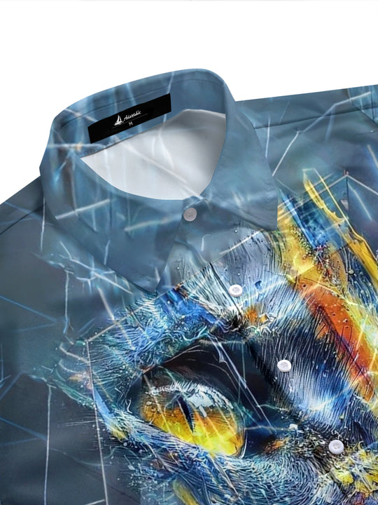 Adaychic Men's Printed Abstract Wolf Face Print Short Sleeve Shirt with Chest Pocket