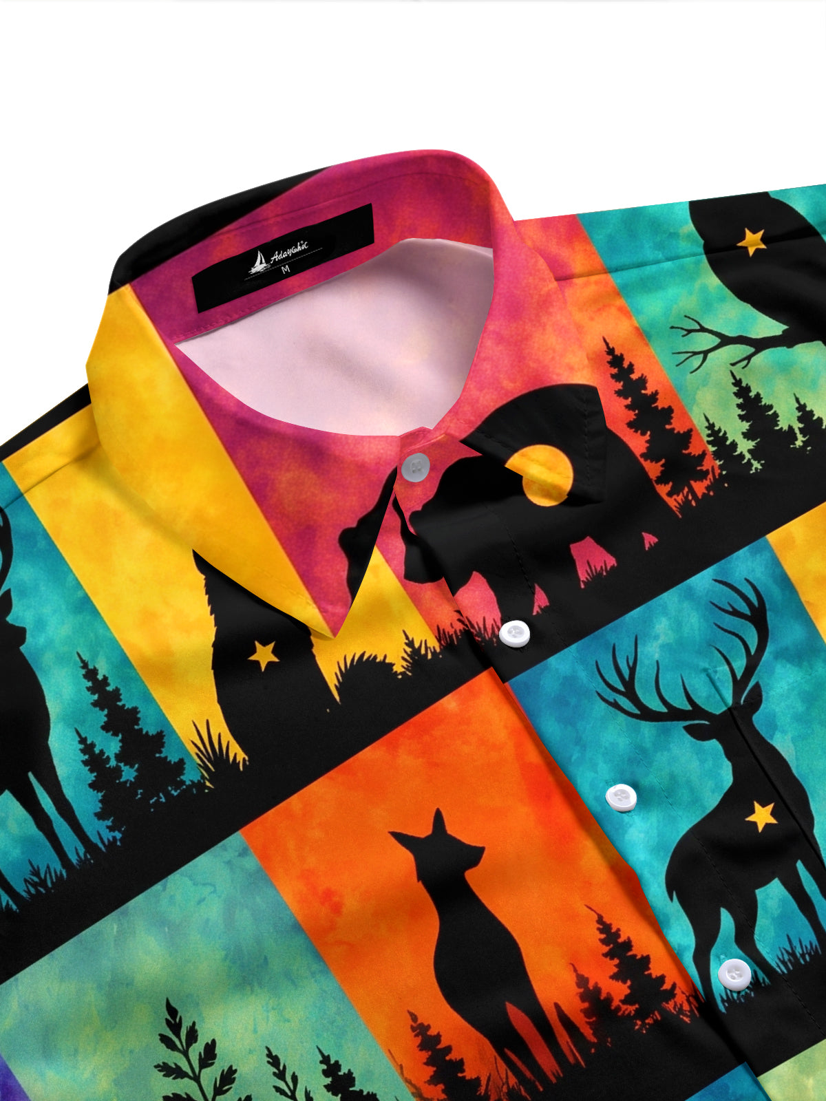 Adaychic Men's Forest Animals Silhouettes Print Short Sleeve Stand Collar Shirt with Chest Pocket