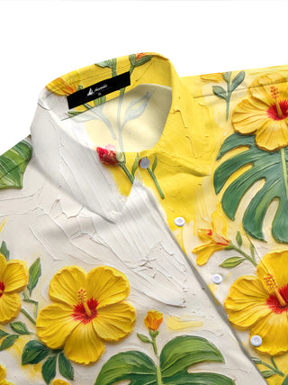 Adaychic Men's Hibiscus Flowers And Monstera Leaves Print Short Sleeve Shirt with Chest Pocket