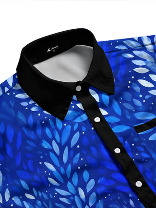 Adaychic Men's Tropical Blue Leaf Pattern Long Sleeve Shirt with Chest Pocket