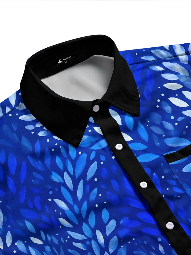 Adaychic Men's Tropical Blue Leaf Pattern Long Sleeve Shirt with Chest Pocket