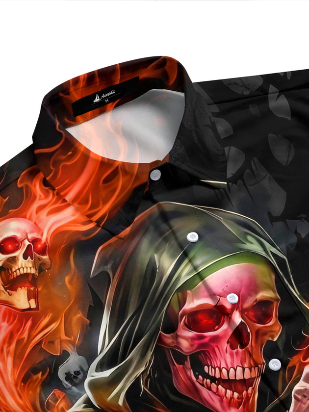 Adaychic Men's Graphic Grim Reaper Skull Flame Print Short Sleeve Button Down Shirt with Chest Pocket