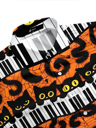 Adaychic Men's Hawaiian Halloween Cats Print Short Sleeve Shirt with Chest Pocket