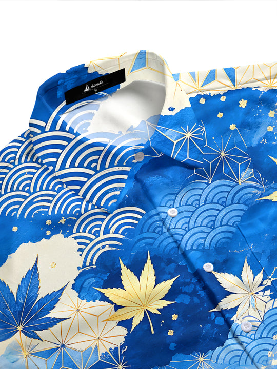 Adaychic Men's Hawaiian Blue And Gold Maple Leaf Print Short Sleeve Shirt with Chest Pocket
