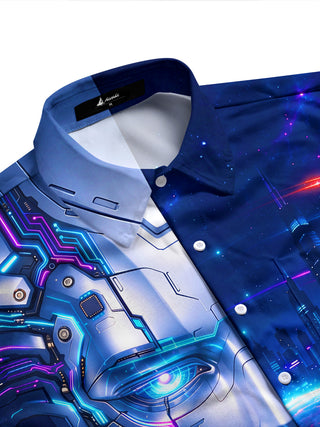 Adaychic Men's Long Sleeve Shirt - Cyber Robot Face And Futuristic Cityscape Print with Chest Pocket