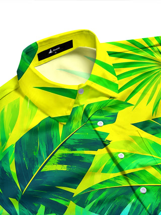 Adaychic Men's Tropical Palm Leaves And Plant Foliage Print Long Sleeve Shirt with Chest Pocket