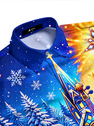Adaychic Men's Long Sleeve Shirt - Christmas Stained Glass Church And Musical Instruments Print with Chest Pocket