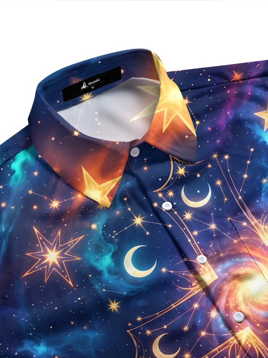 Adaychic Men's Galaxy Cross With Stars And Moons Print Long Sleeve Shirt with Chest Pocket