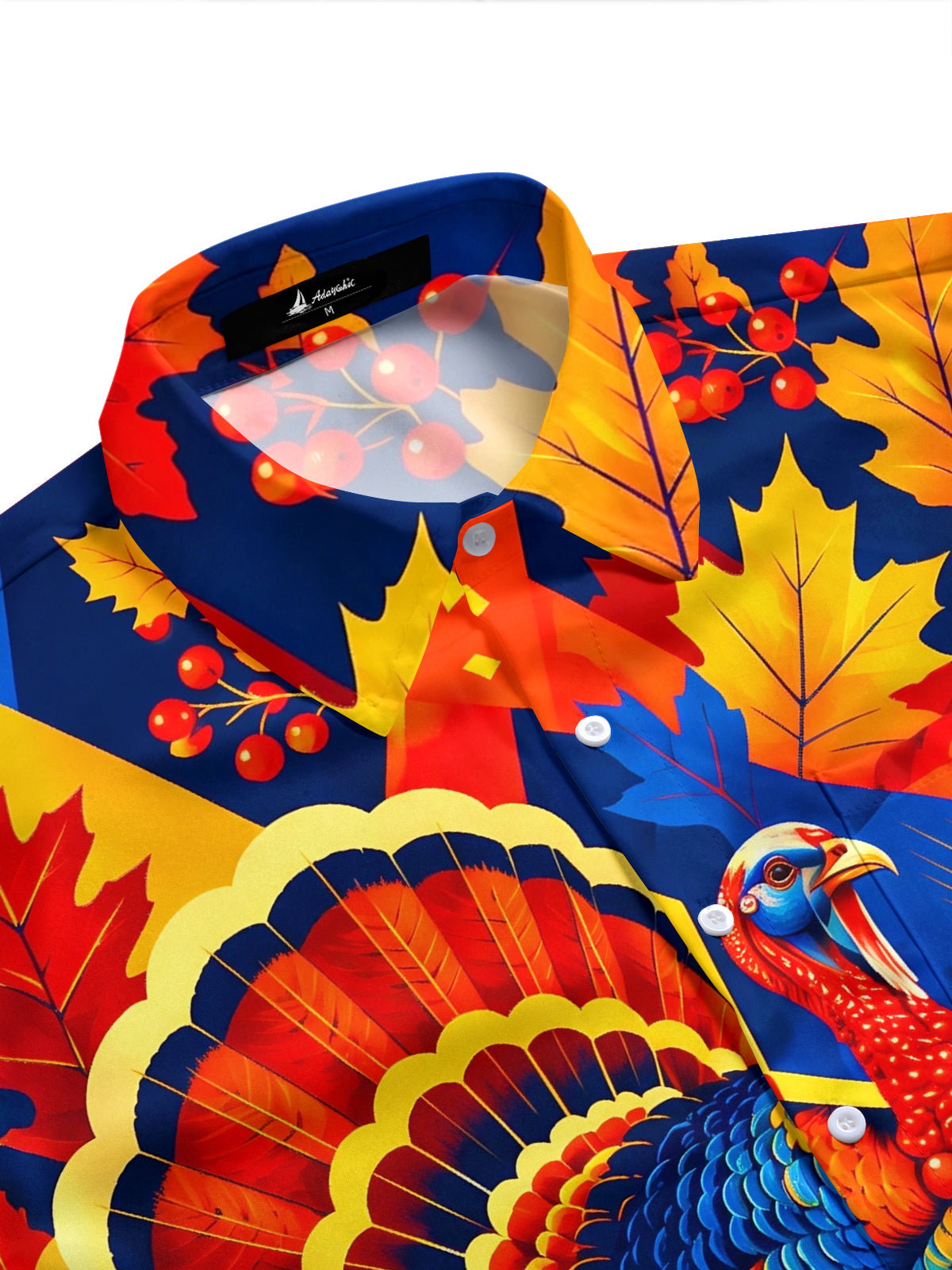 Adaychic Men's Short Sleeve Stand Collar Shirt - Thanksgiving Turkey And Harvest Elements Print with Chest Pocket