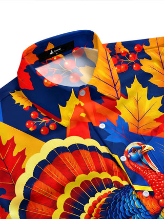 Adaychic Men's Short Sleeve Stand Collar Shirt - Thanksgiving Turkey And Harvest Elements Print with Chest Pocket