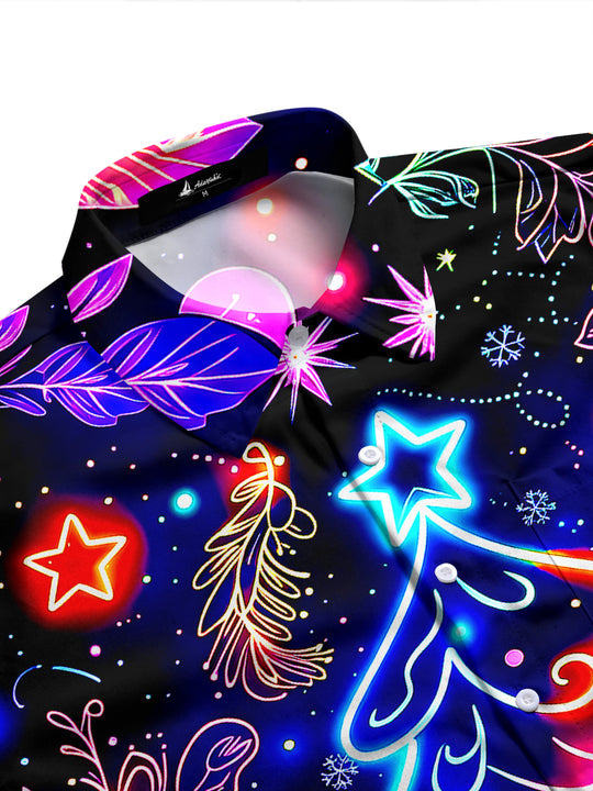 Adaychic Men's Graphic Neon Christmas Tree Print Long Sleeve Shirt with Chest Pocket
