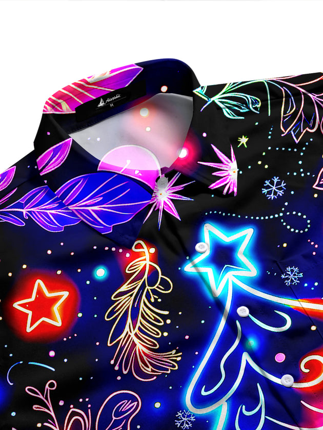 Adaychic Men's Graphic Neon Christmas Tree Print Long Sleeve Shirt with Chest Pocket