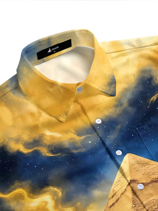 Adaychic Men's Hawaiian Egyptian Sphinx And Pyramid Print Short Sleeve Shirt with Chest Pocket