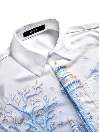 Adaychic Men's Long Sleeve Shirt - Christmas Winter Sleigh And Holly Print Winter Lighthouse And Ice Skating Couple Print with Chest Pocket