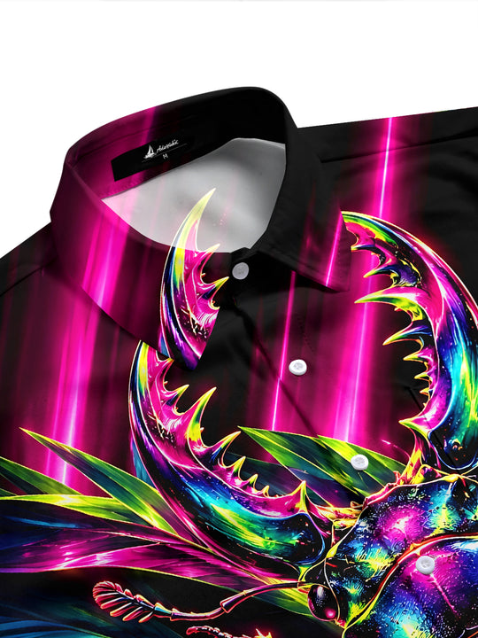 Adaychic Men's Neon Stag Beetle And Tropical Leaves Print Short Sleeve Shirt with Chest Pocket