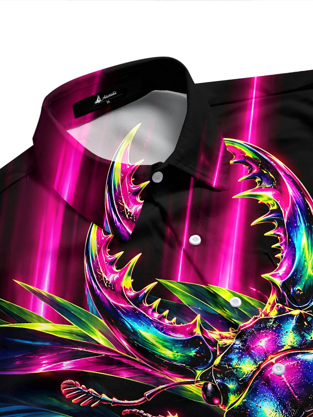 Adaychic Men's Neon Stag Beetle And Tropical Leaves Print Short Sleeve Shirt with Chest Pocket