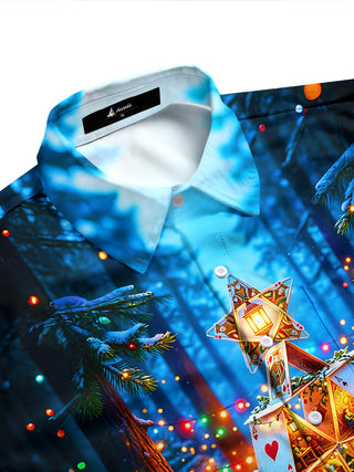 Adaychic Men's Printed Christmas Card House Print Long Sleeve Shirt with Chest Pocket