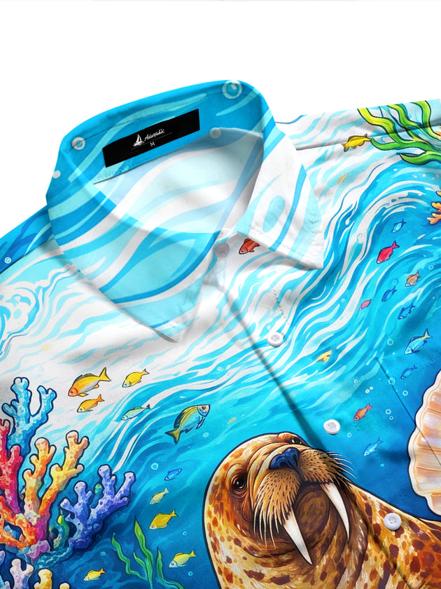 Adaychic Men's Walrus And Pearl Shell Print Long Sleeve Shirt with Chest Pocket