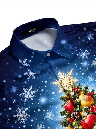 Adaychic Men's Printed Christmas Tree Print Snowflakes Print Long Sleeve Shirt with Chest Pocket