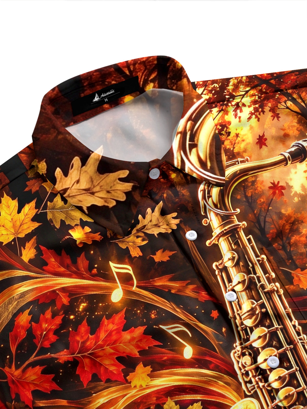 Adaychic Men's Saxophone And Autumn Leaves Print Long Sleeve Shirt with Chest Pocket