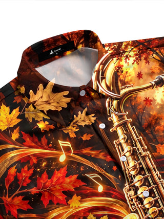 Adaychic Men's Saxophone And Autumn Leaves Print Long Sleeve Shirt with Chest Pocket
