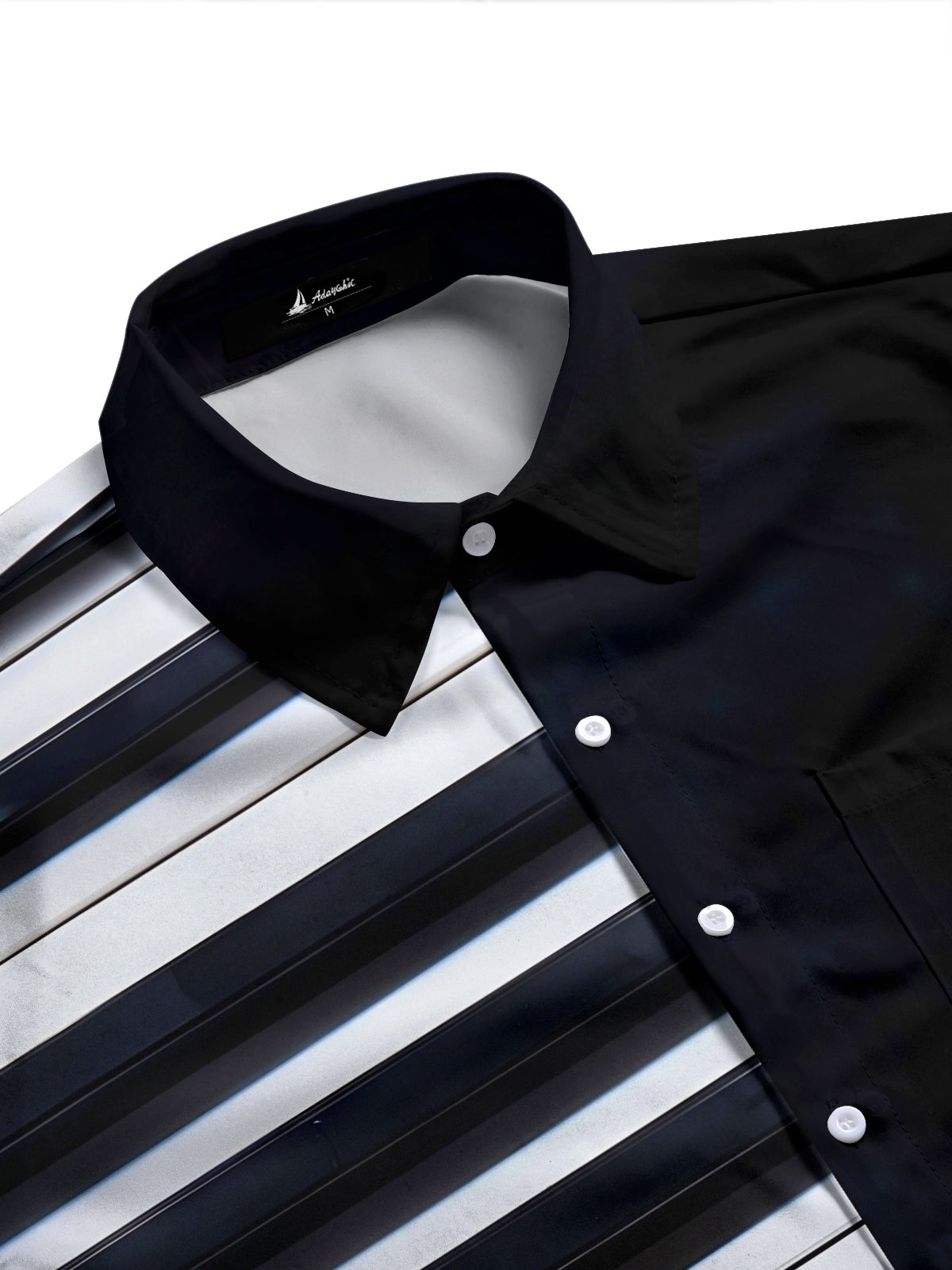 Adaychic Men's Black And White Horizontal Stripes Print Long Sleeve Shirt with Chest Pocket
